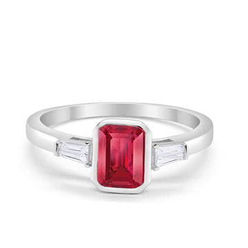 Three Stone Baguette Engagement Ring Simulated Ruby CZ 925 Sterling Silver